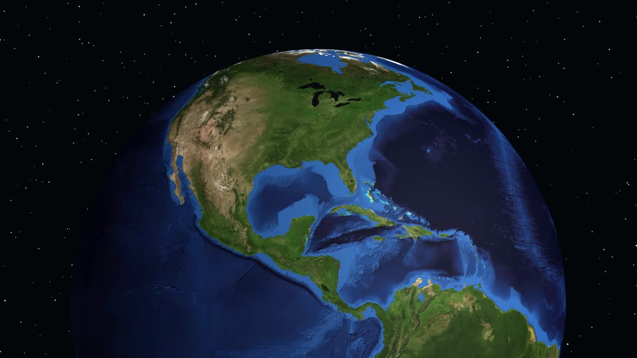 Il globo animato zooma dallo spazio verso il Nord America, individuando Odessa, Texas, con testo informativo.