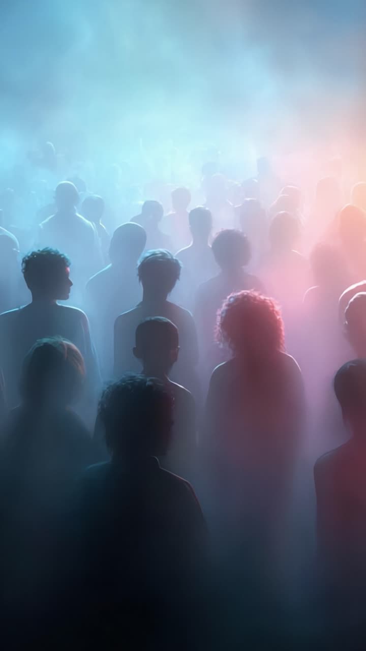 Una folla avvolta nella nebbia: silhouette accattivanti in un’atmosfera eterea con gradienti di luce e ombra che creano un’esperienza onirica