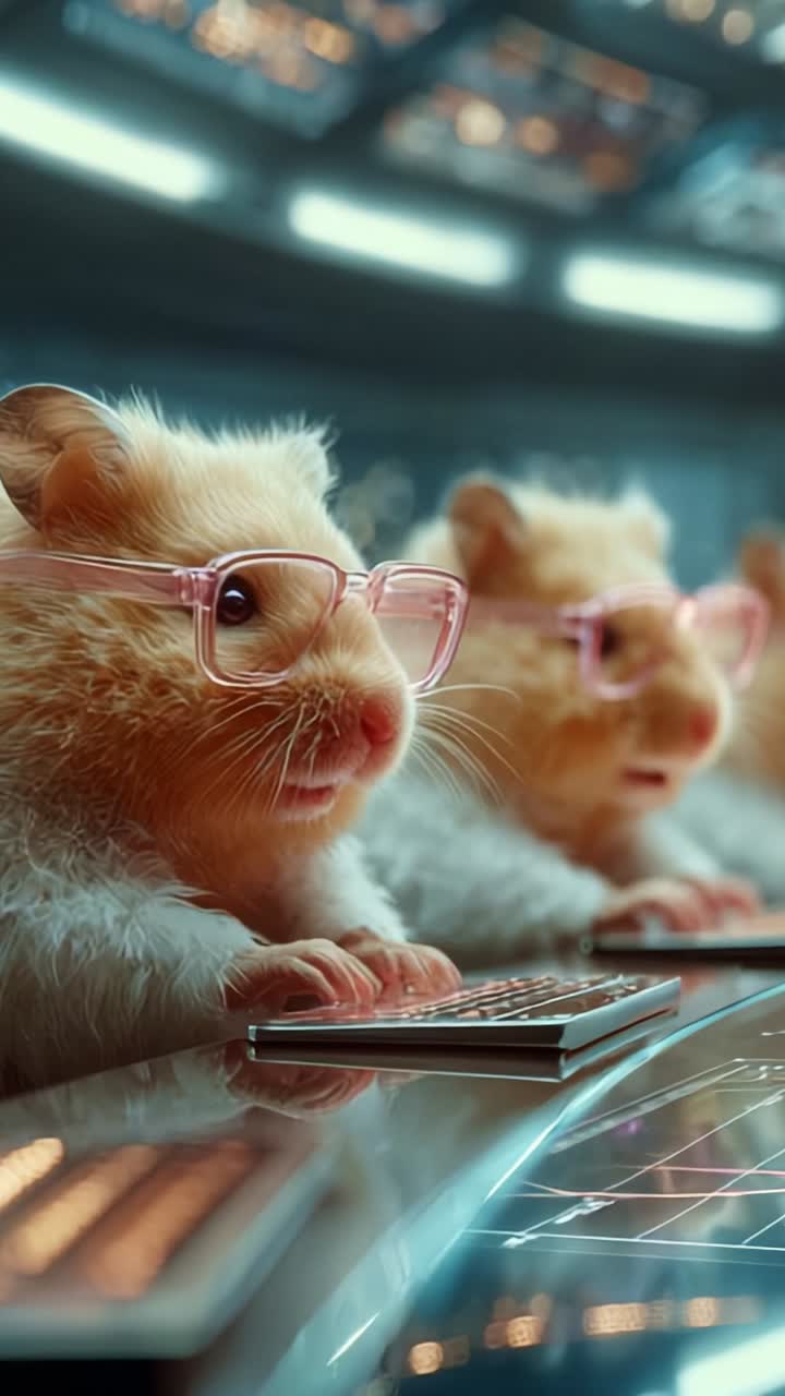 Two adorable hamsters wearing glasses are attentively typing on a small keyboard, showcasing their intelligence and charm in a whimsical and futuristic environment
