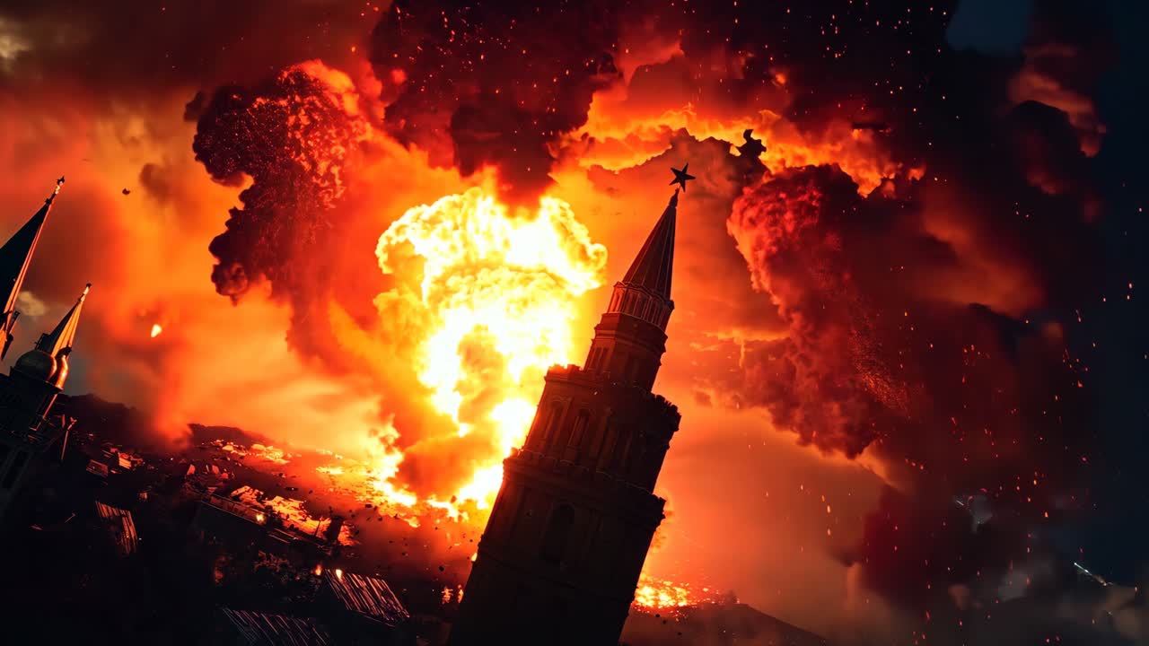 도시 위 에 불 과 연기 가 큰 폭발 을 일으켰다