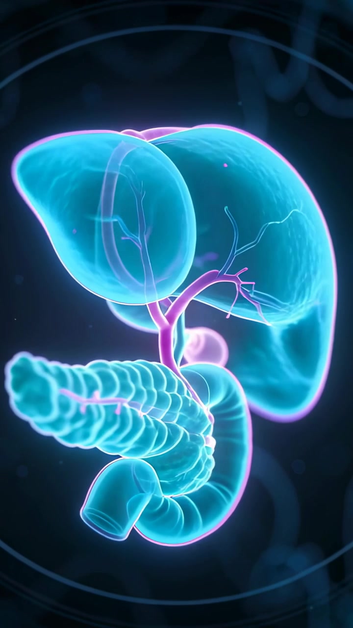 Vertical video: Rotating 3D liver model during playback, showing bile ducts near duodenum for study
