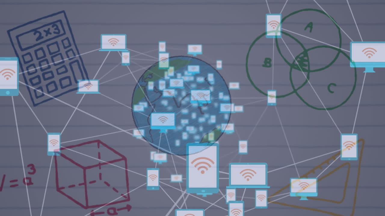 학교 그림 위에 소셜 미디어 아이콘의 애니메이션