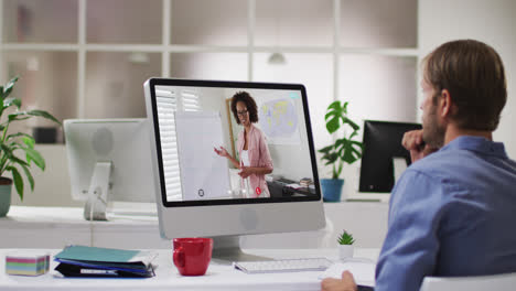 Caucasian-male-student-using-computer-on-video-call-with-female-teacher