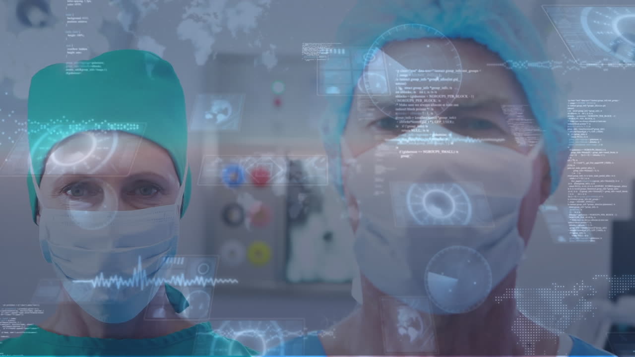 animación del procesamiento de datos sobre un médico y una médica que llevan máscaras faciales