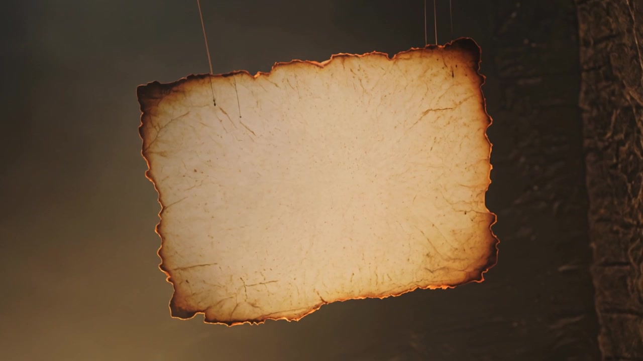 Foglio di pergamena invecchiato che ondeggia e ruota su fili sottili in un set interno poco illuminato, illuminato da un caldo bagliore di retroilluminazione