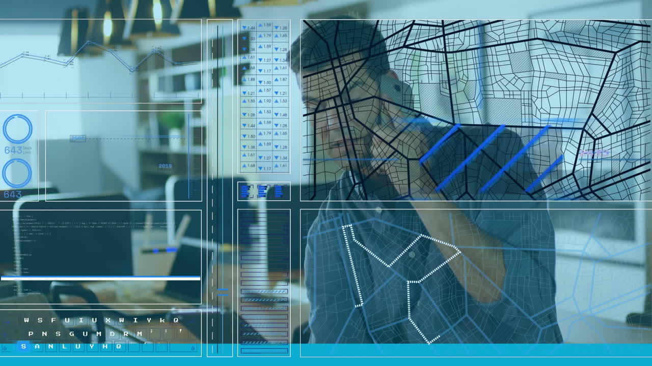 animación de gráficos, círculos, lenguaje informático, patrón de mapas, hombre caucásico hablando en teléfono celular