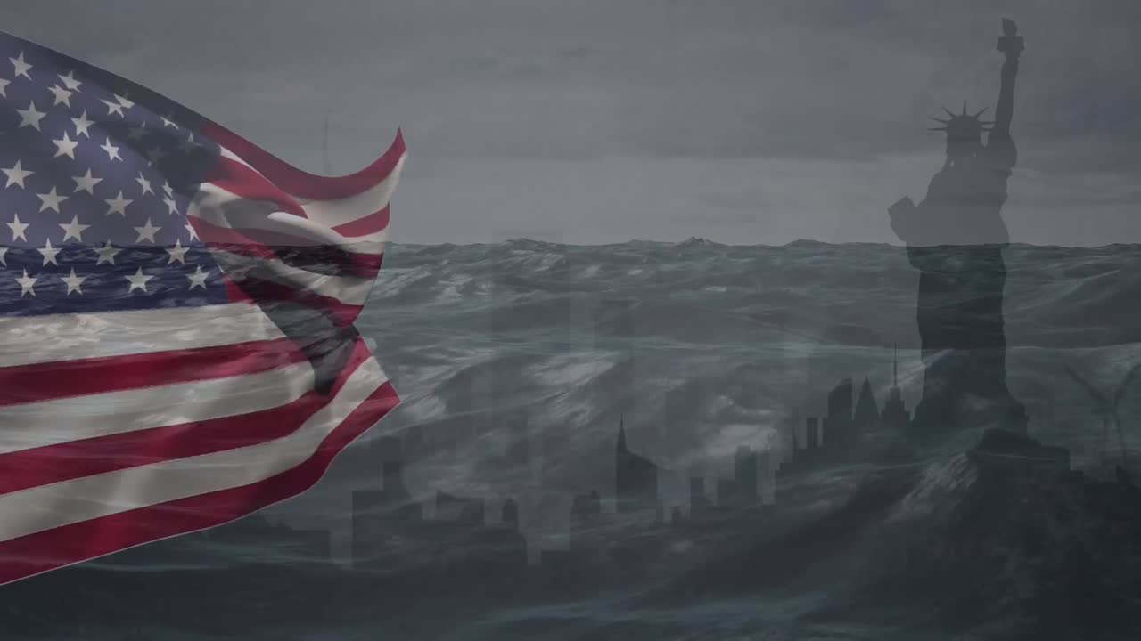 Animación de una bandera estadounidense ondeando sobre Nueva York