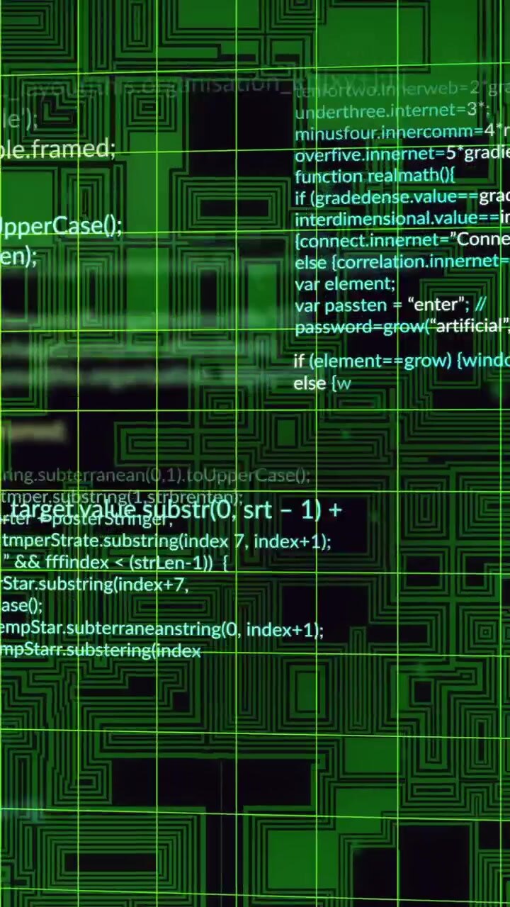 Animation of digital data processing over circuit board on black background