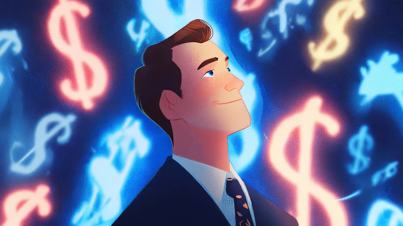 Exploring the World of Finance: An Animated Character Engaging with a Dynamic Background Full of Dollar Signs and Symbols Representing Wealth and Prosperity