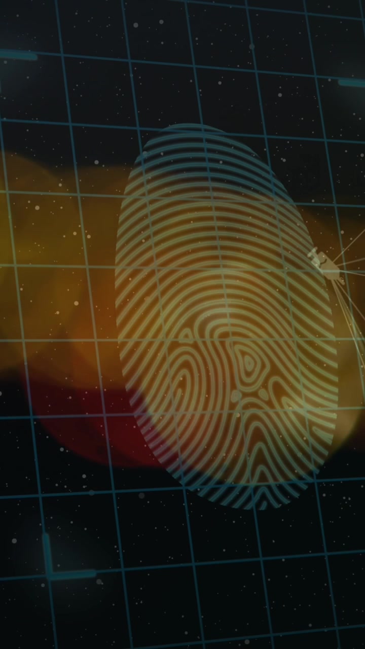 Digital animation of spots of light and biometric fingerprint scanner against black background