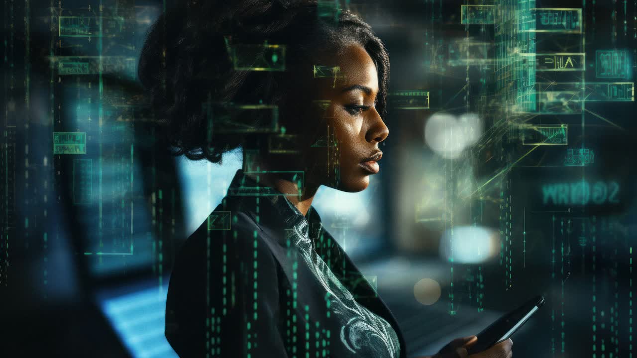 Side profile of a woman with digital overlays, conveying a futuristic concept