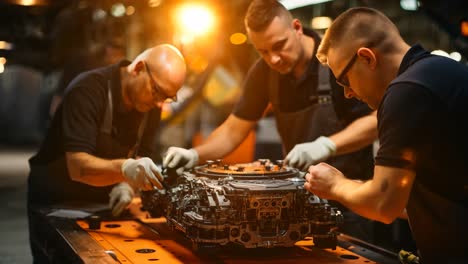 mechanics repair an engine part in a busy workshop at night