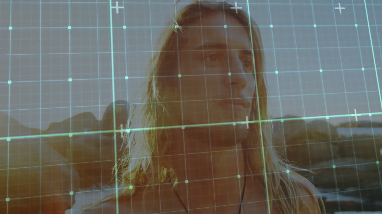 Outdoors, person with long hair under animated grid overlay effect