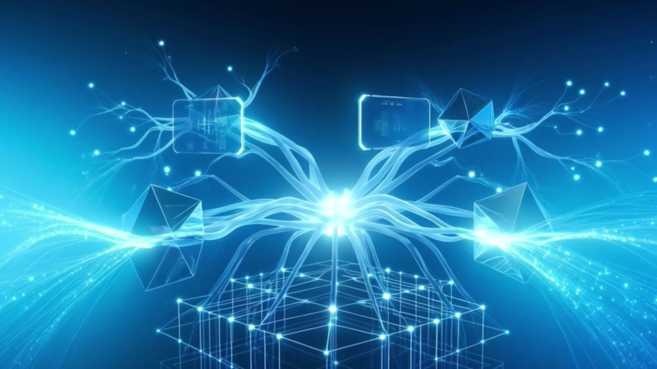 Abstract Digital Network Connection with Glowing Geometric Shapes and Data Streams