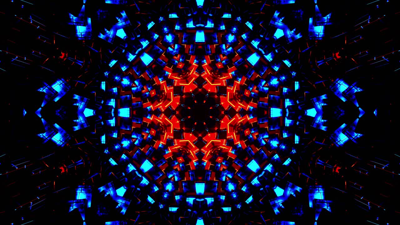 volando a través de un túnel de cubos de metal azul y naranja. ciclo de caleidoscopio vj.