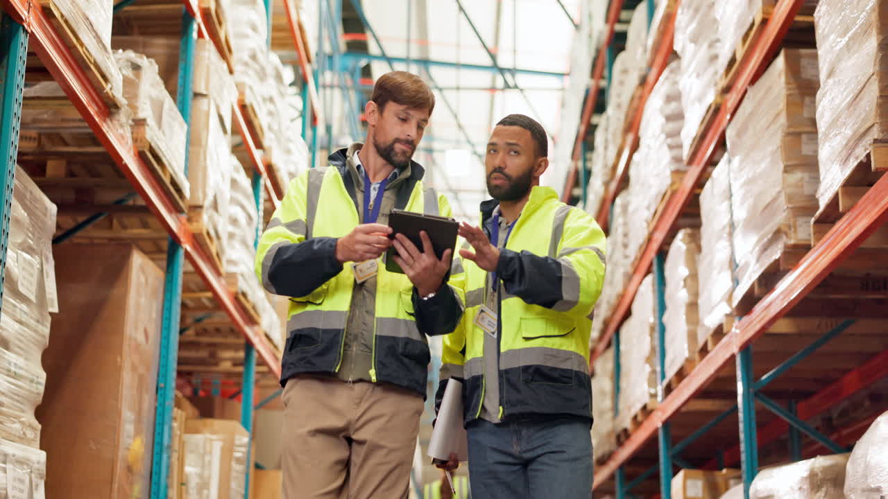 Warehouse workers inspecting inventory with a tablet