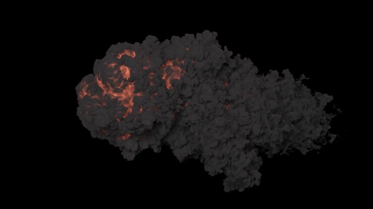 A powerful explosion or shot with black billowing smoke. Explosion with black smoke on an isolated background with an alpha channel, explosion of explosives.