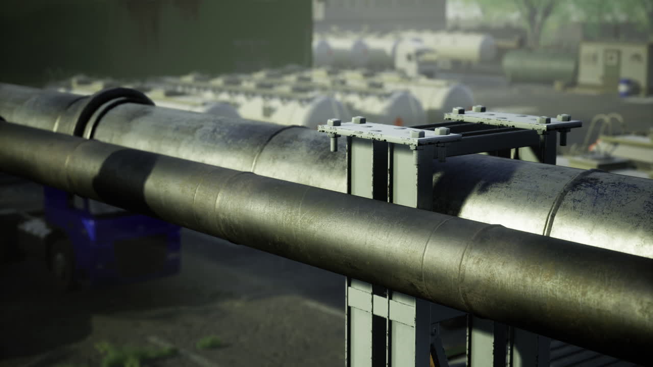 Industrial pipes connect warehouses in a bustling urban setting on a cloudy day