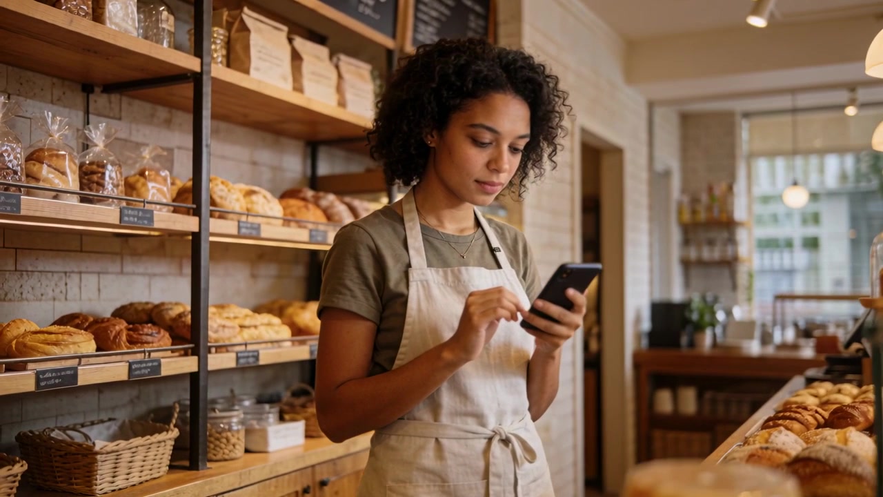 Tapping bakery worker in tan apron scrolling smartphone at counter after phone prompt, with shelves