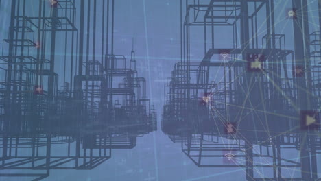 animación del procesamiento de datos con una red de conexiones sobre el paisaje urbano