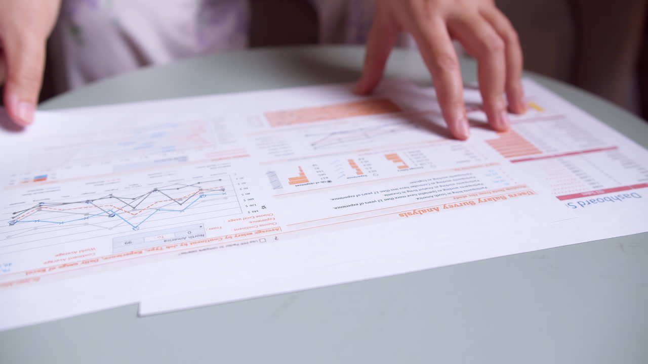 Close-up of businesswoman's hands with pen working at office desk and analyzing graphs and charts, profit report checking
