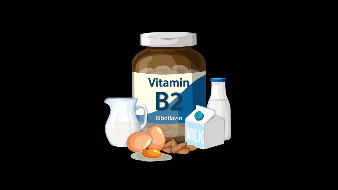 Vitamin B2 supplement bottle with milk, eggs, and nuts appearing on black background, smooth transitions