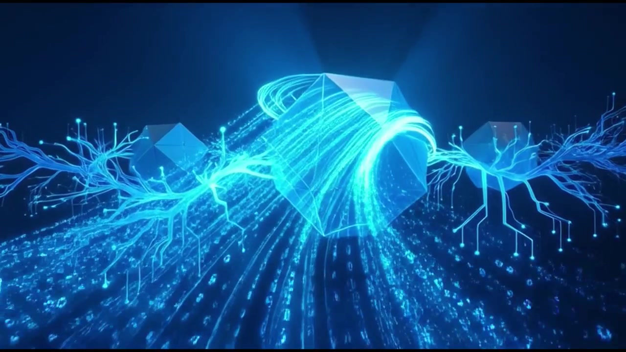 Abstrakte digitale geometriske former med glødende kretser og datastrømmer
