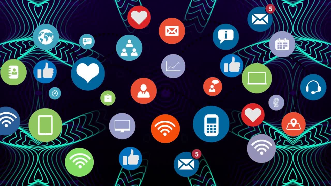 Animazione di una rete di connessioni con icone su forme su sfondo nero