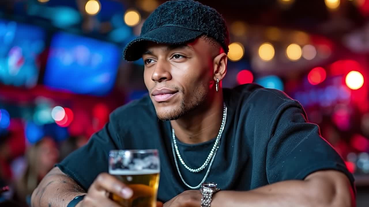 Un uomo seduto in un bar con un bicchiere di birra