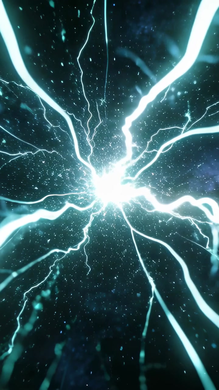 Vertical video: Pulsing central core sending tendrils and sparks across starfield, releasing energy