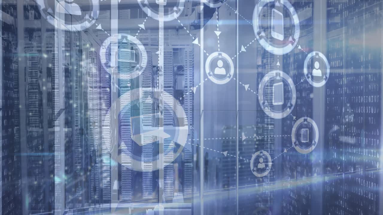 animación de iconos tecnológicos conectados sobre una sala de servidores vacía