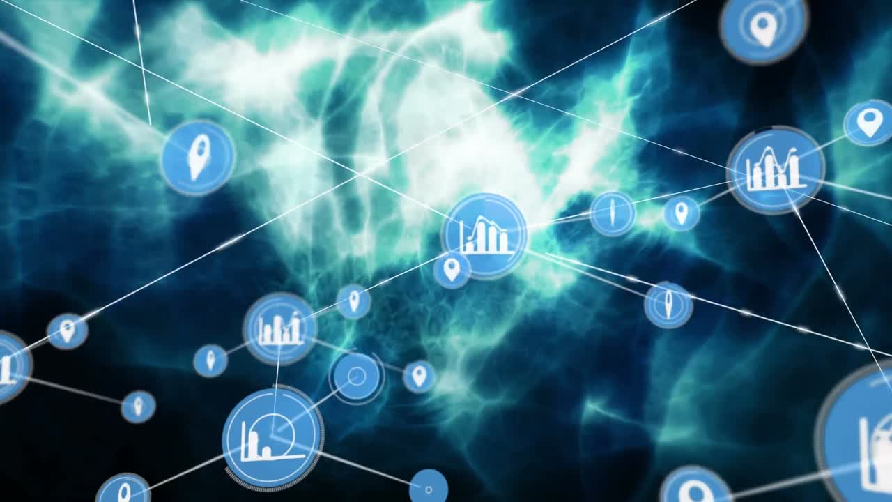 Animation of graph, map pin icons connecting dots on abstract neon pattern on digital interface