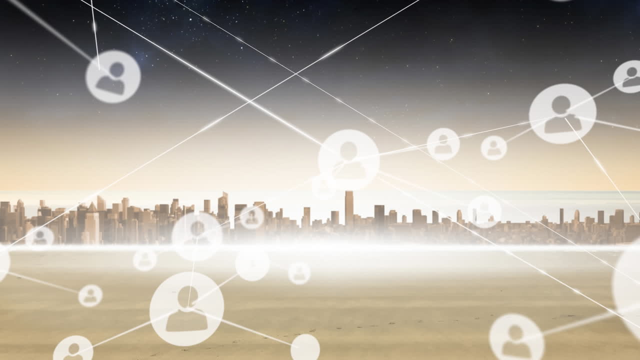 도시 풍경의 공중 전망에 대한 프로필 아이콘 네트워크의 애니메이션