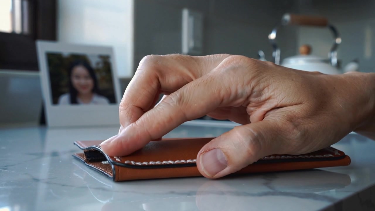 Reaching right hand sliding, pressing, lifting tan leather wallet on marble counter
