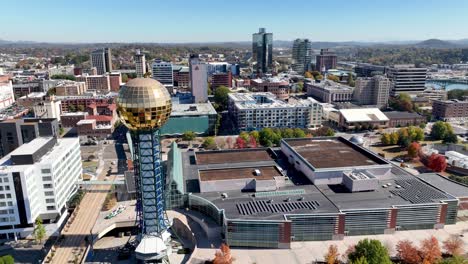 aerial over the sunsphere at world's fair park in knoxville tennessee