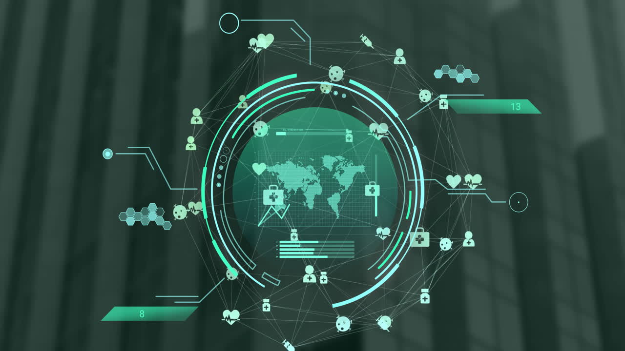 Animation of circular scanner processing world map and network of medical icons on dark background