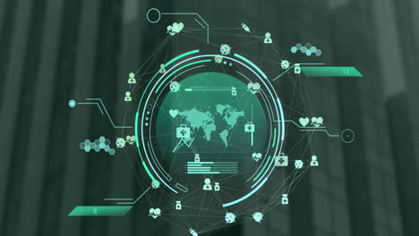 animation of circular scanner processing world map and network of medical icons on dark background