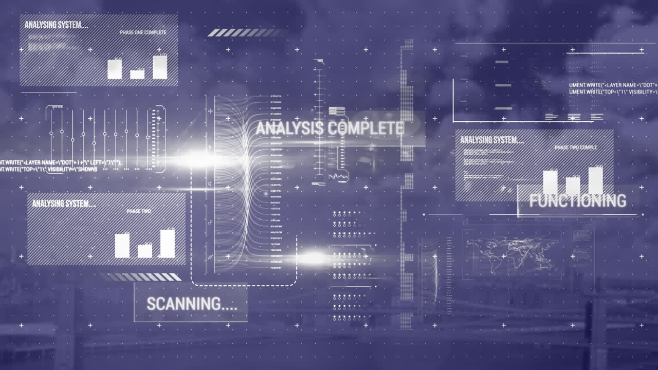 Animation of interface with data processing against aerial view of cityscape
