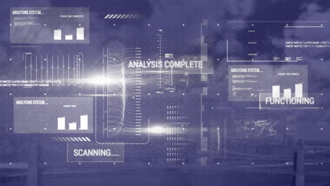 animation of interface with data processing against aerial view of cityscape