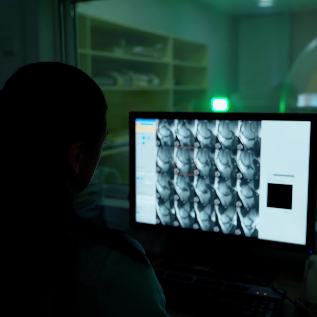 Medical worker in front of the monitor. Female specialist analyzing patient's results of mri procedure on the screen of a computer in hospital control room.