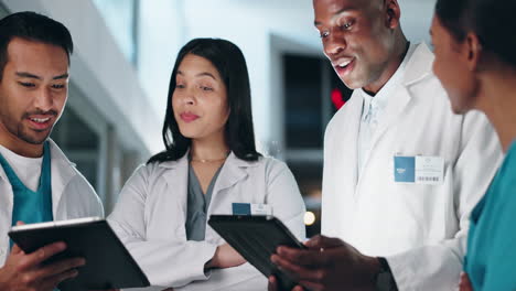 hospital, happy team and doctors on tablet