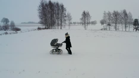 Single-mother-push-stroller-with-baby,-fresh-air-activity-during-winter