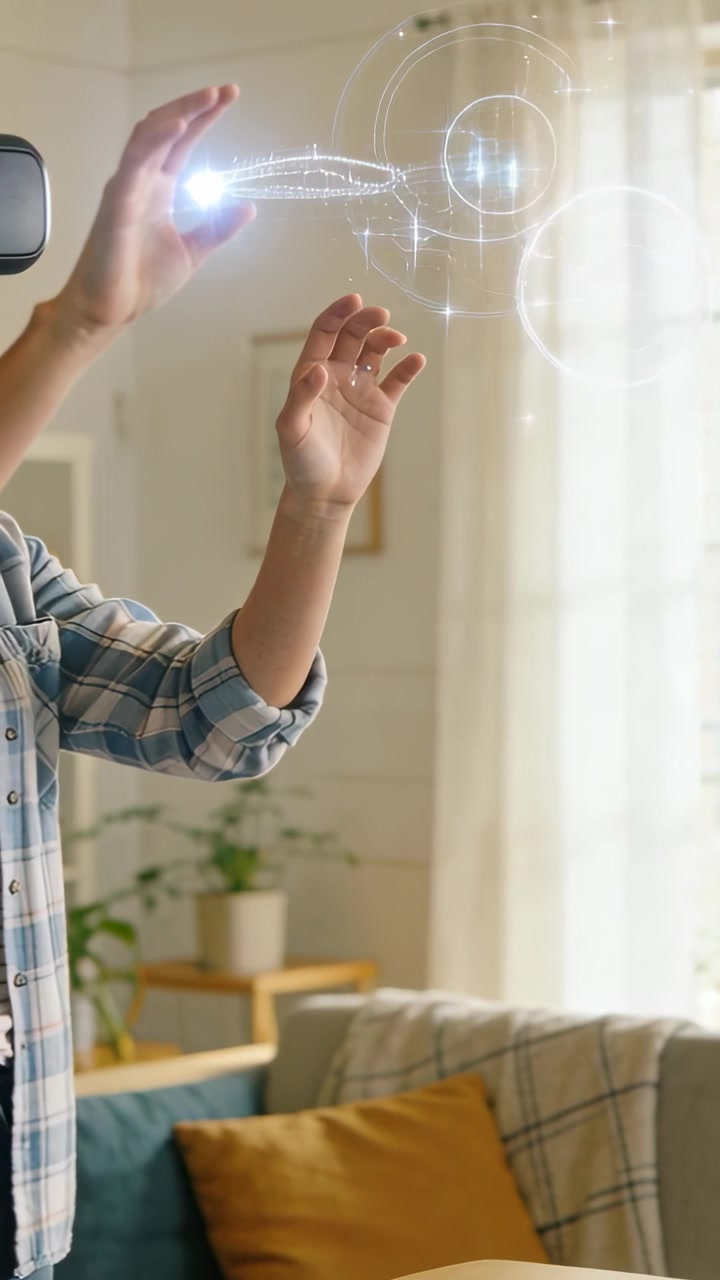 Vertical video: Reacting to orbs, man in plaid shirt with headset using UI at home, copy space
