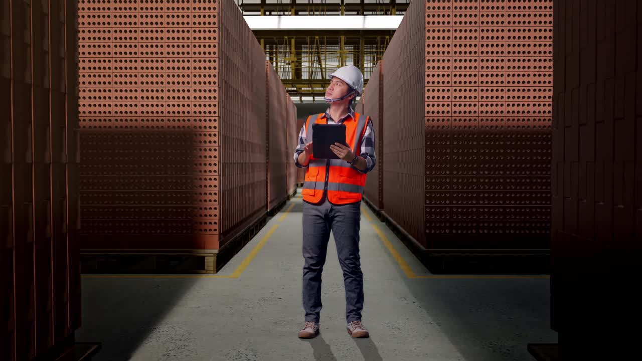 Full Body Of Asian Male Engineer With Safety Helmet Looking At The Tablet In His Hand And Looking Around While Standing With Red Brick Packed in Stacks Are Stored