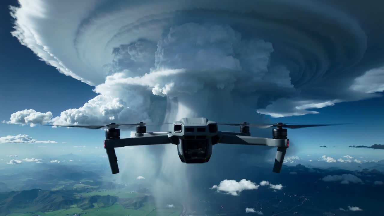 Holder en foldbar drone, der reagerer på en tiltagende storm, og filmer ambolt- og regnsøjle over marker.