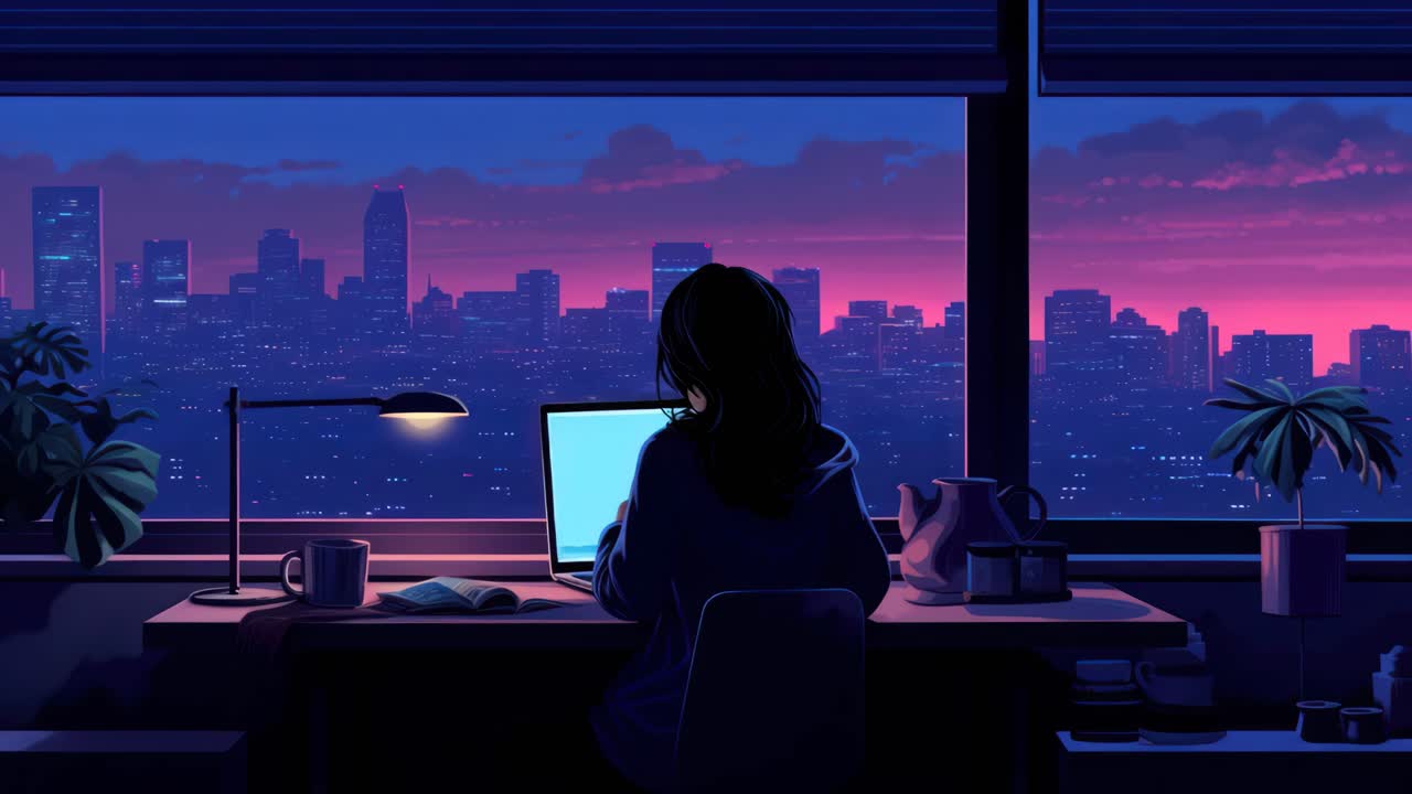 A silhouette of a person working on a laptop, facing a cityscape at dusk