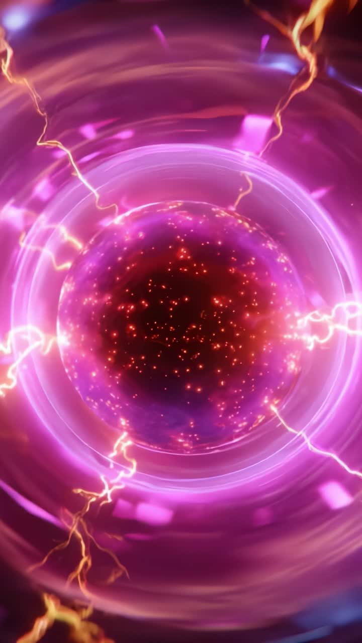 Una visualizzazione straordinaria di una sfera cosmica energetica circondata da fulmini pulsanti e scintille irradianti in un vivace portale colorato
