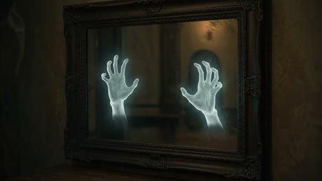 haunting reflections: a ghostly encounter captured in a mirror with ethereal hands reaching out in a dimly lit room, evoking fear and mystery