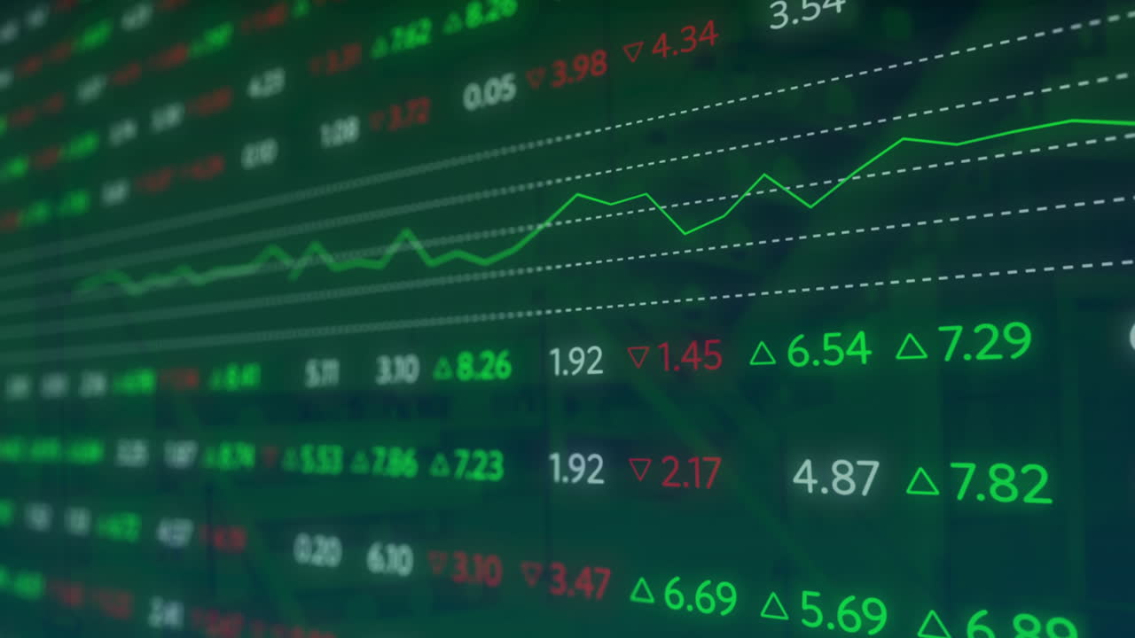 Animazione di elaborazione dati del mercato azionario su sfondo di grattacielo.
