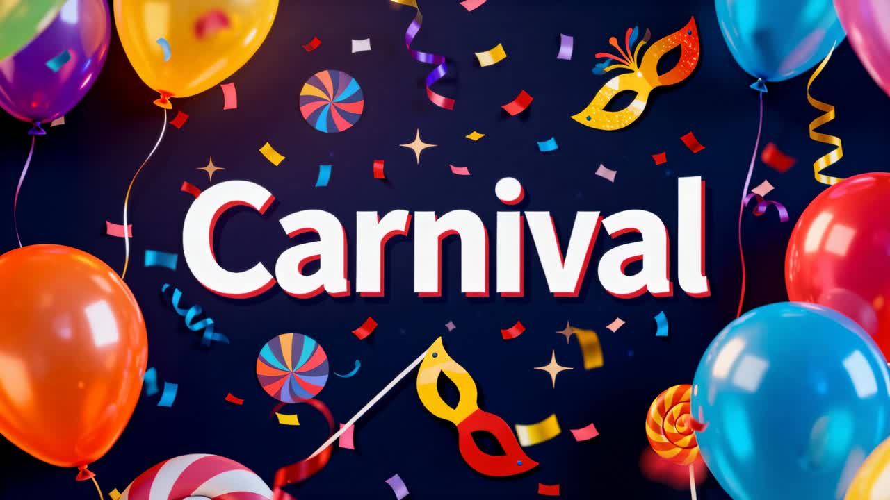 Starting animation holding Carnival text steady on navy, balloons and confetti drifting for intro